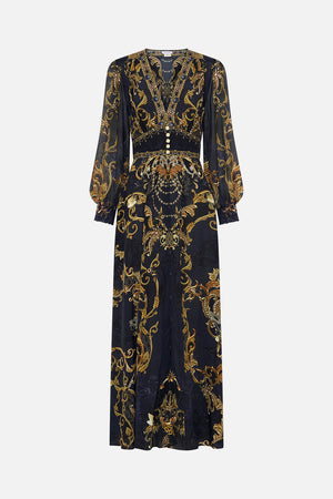 Front product view of CAMILLA silk maxi dress in Moonlight Melodies print