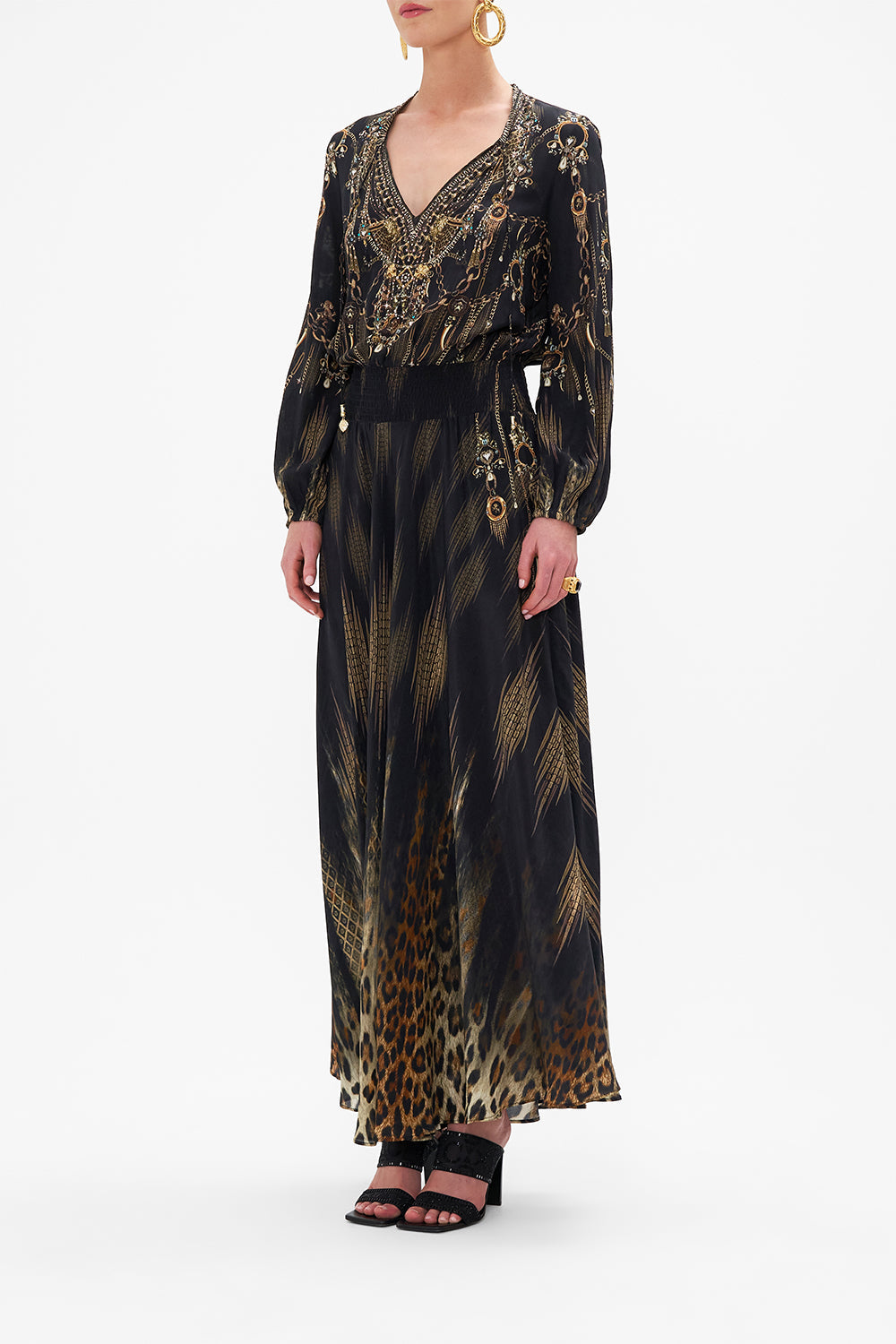 Side view of model wearing CAMILLA silk maxi dress in Jungle Dreaming print