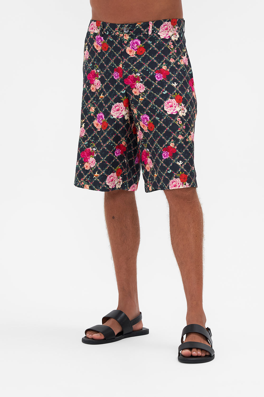 Crop view of model wearing Hotel Franks By CAMILLA mens walkshort in Reservation For Love print 