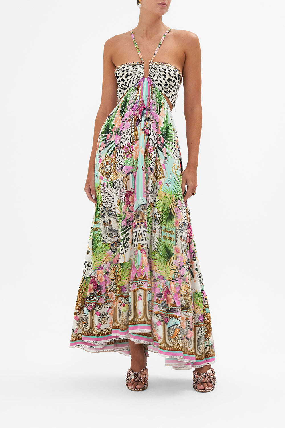 Front view of model wearing CAMILLA silk cut out  dress in Dear Amore Mio print