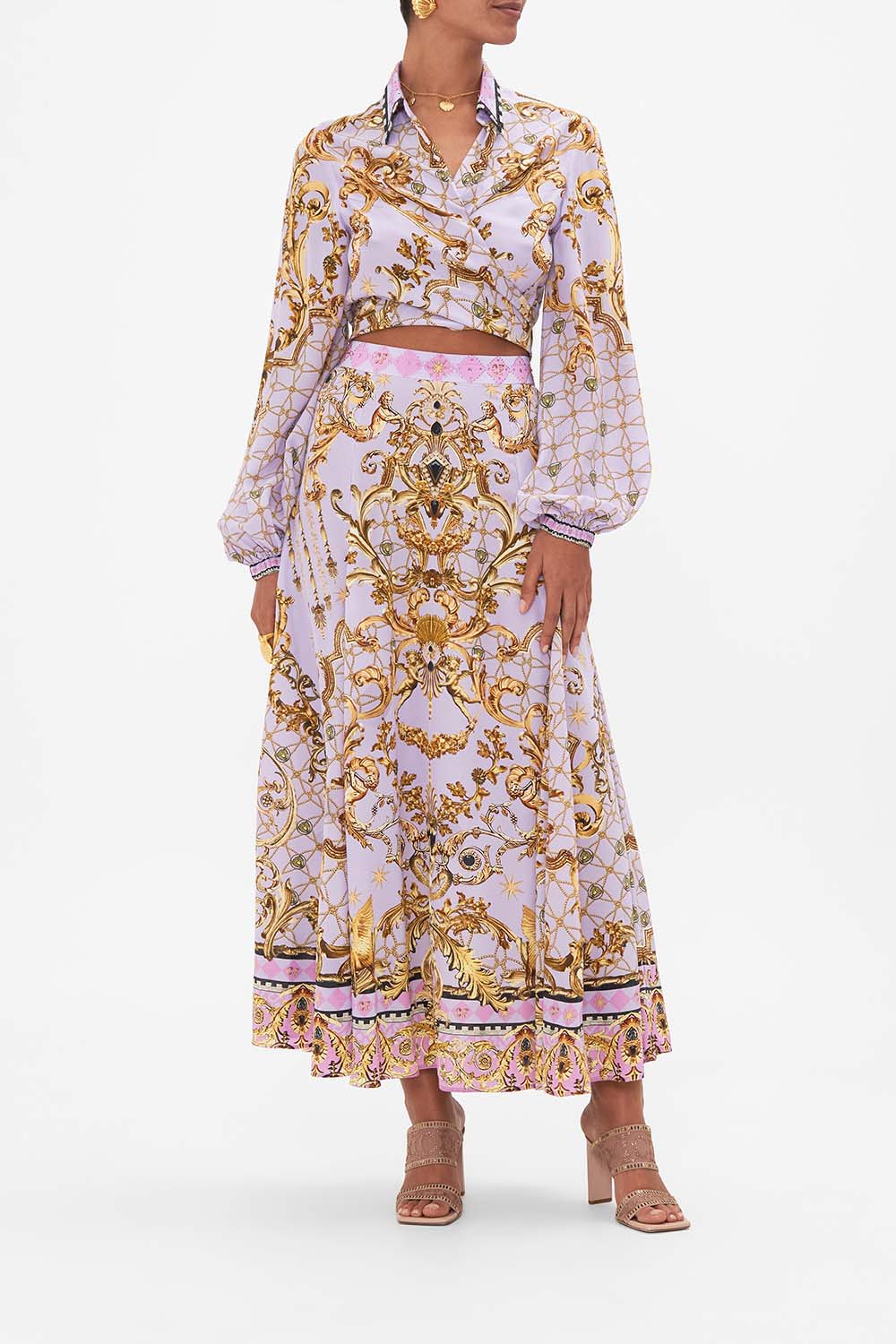 Front view of model wearing CAMILLA  silk wrap top in Lavender Ever After print