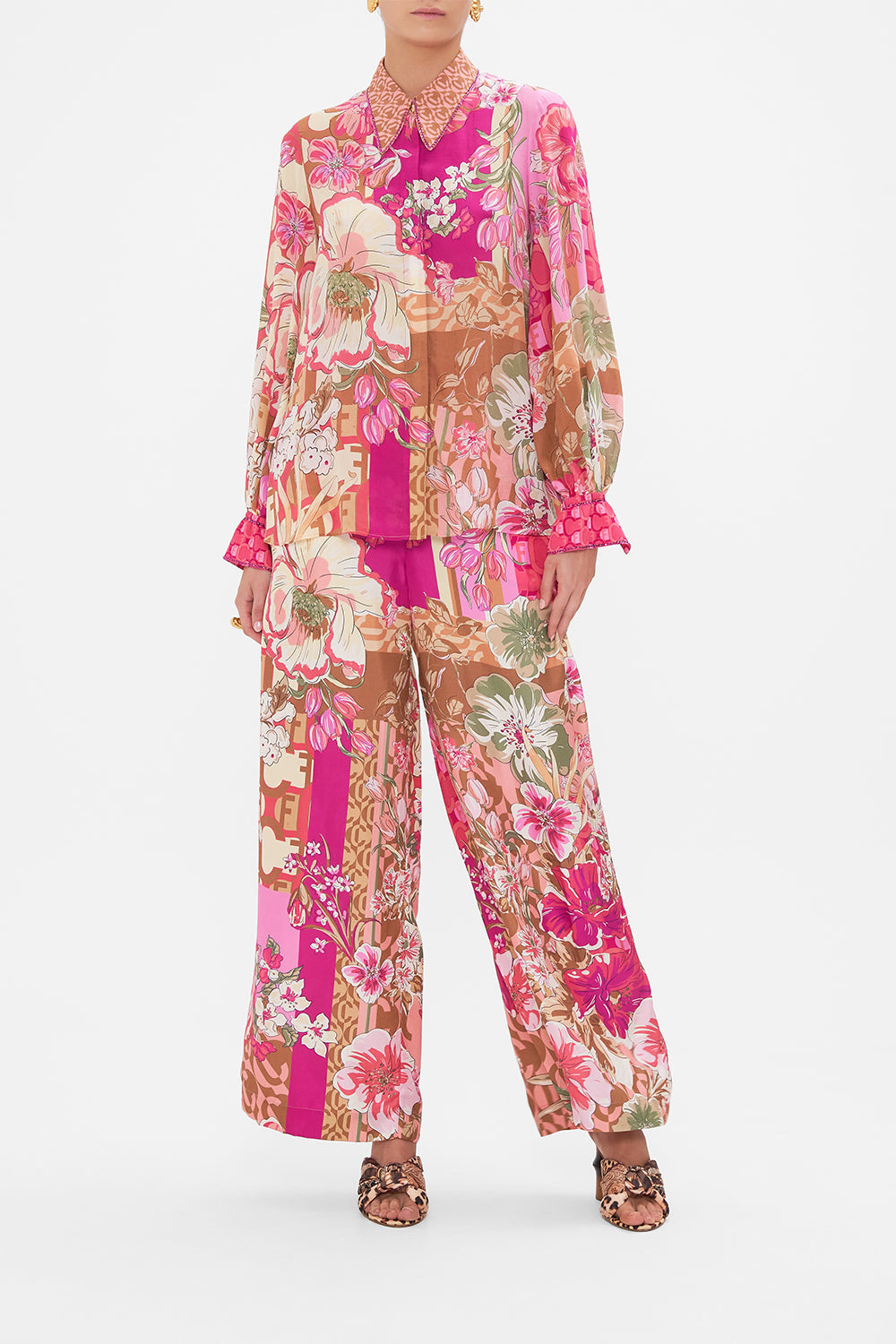 Front view of model wearing CAMILLA  pink silk blouse in A Girl Named Florence print