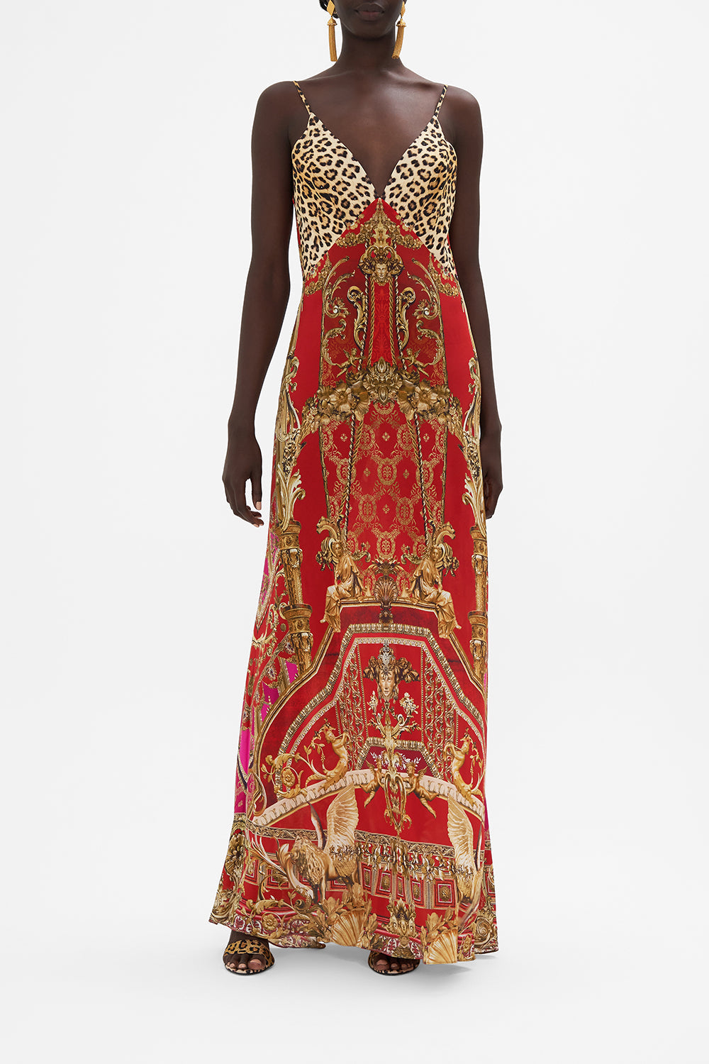 Front view of model wearing CAMILLA red silk dress in Sweet Soprano print