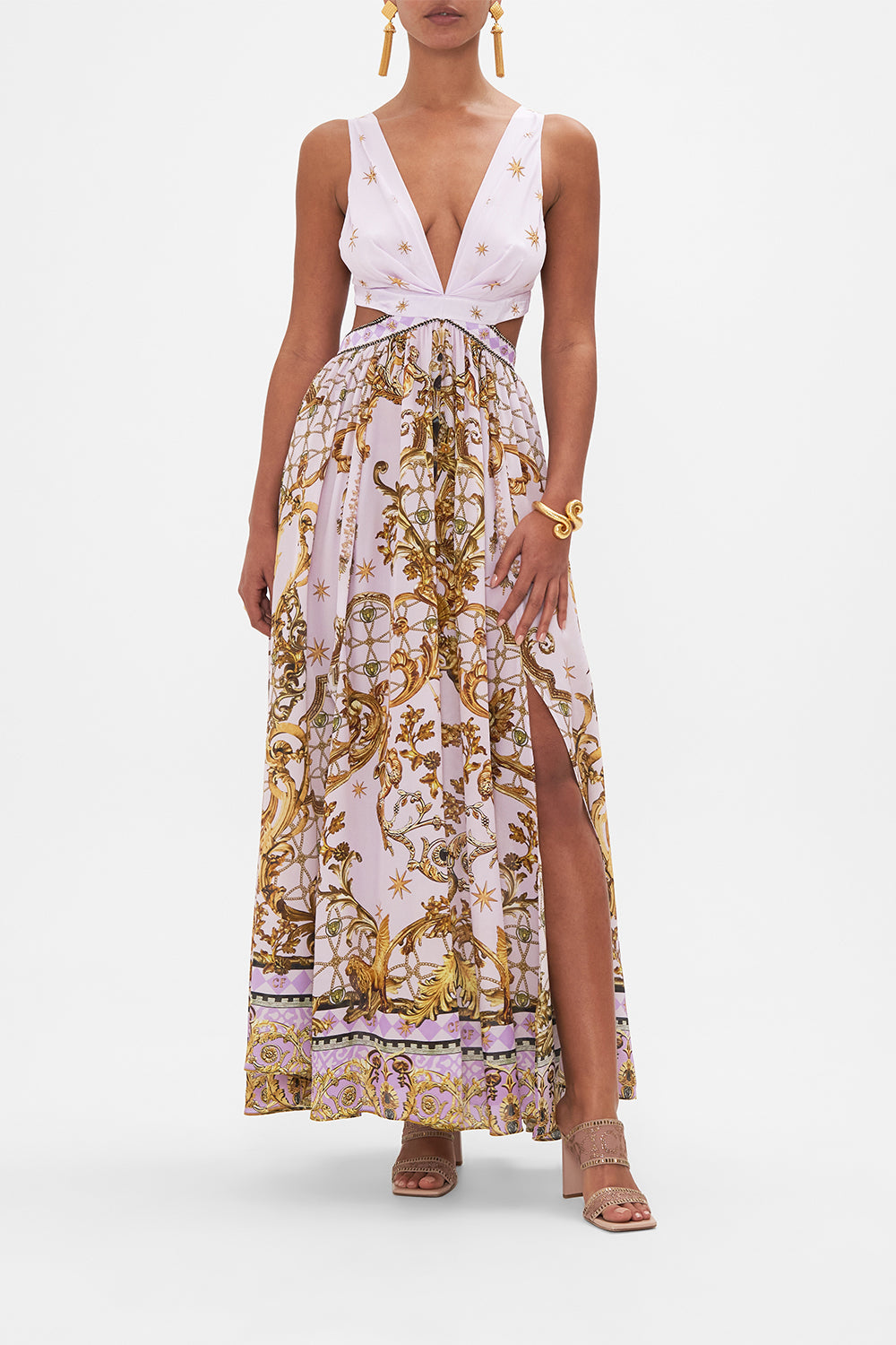 The CAMILLA BACK NECK TIE SHORT DRESS COSMIC TUSCAN in our  print.