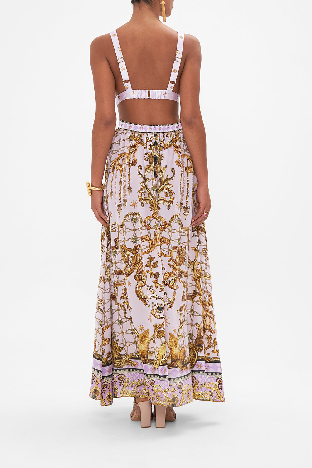 The CAMILLA BACK NECK TIE SHORT DRESS COSMIC TUSCAN in our  print.