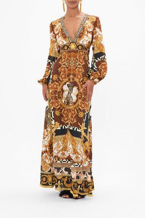 Front view of model wearing CAMILLA animal print silk maxi dress in Feeling Fresco print