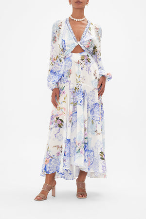 Front view of model wearing CAMILLA blue and white linen maxi dress in Paint Me Positano print
