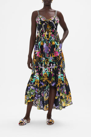 Front view of model wearing CAMILLA tie front floral dress in Meet Me In Marchesa print