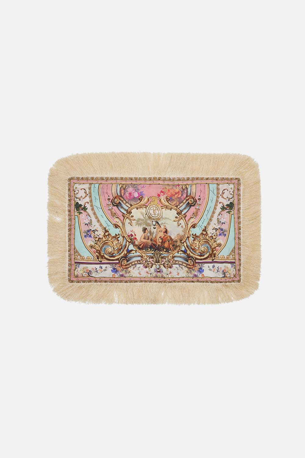 Product view of VILLA CAMILLA home rectangle printed silk cushion in Letters from the Pink Room print