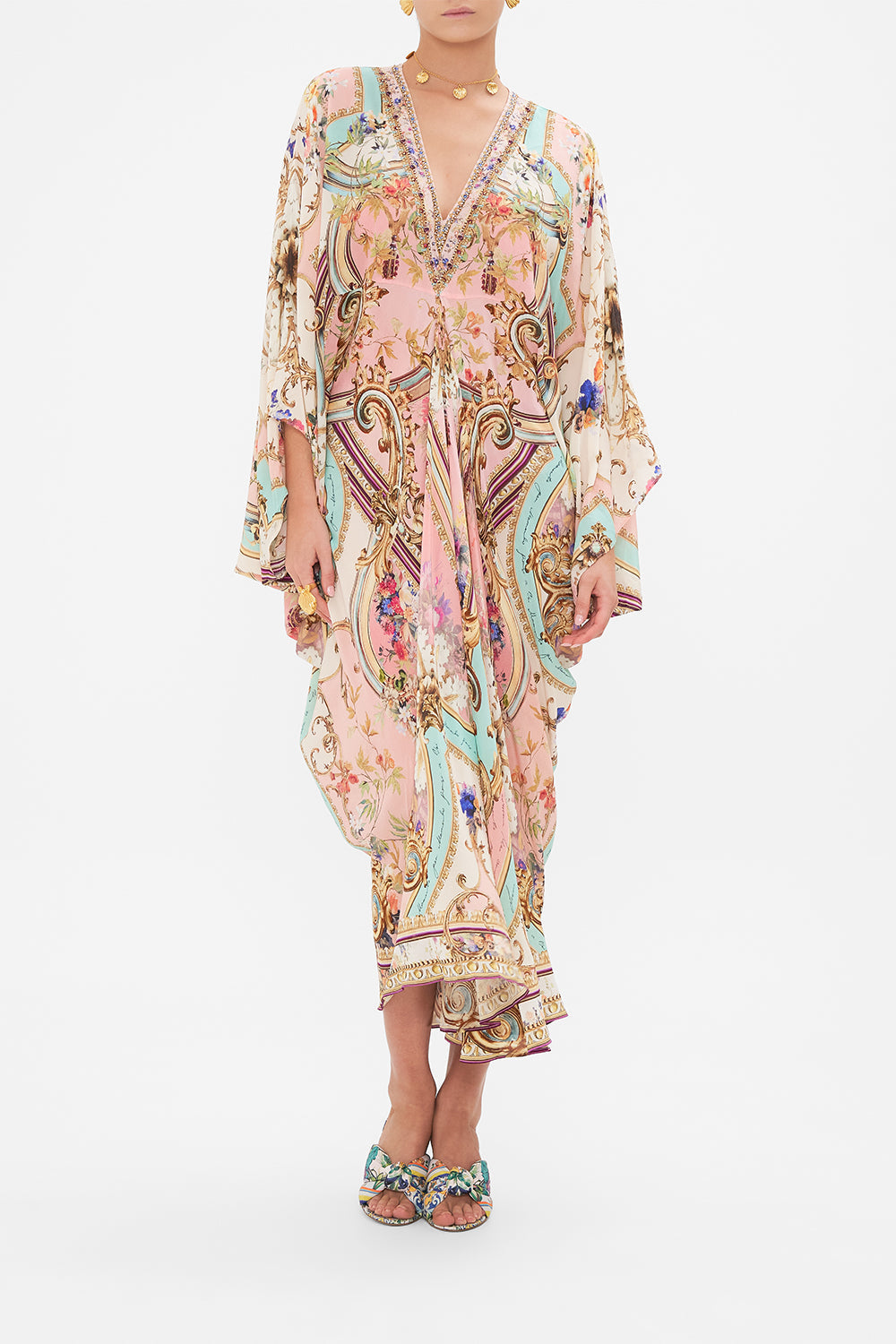 Front view of model wearing CAMILLA long silk kaftan in Letters from the Pink Room print