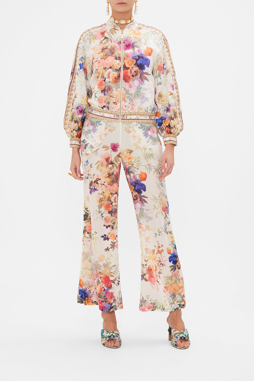 Front view of model wearing CAMILLA linen bomber jacket in Friends with Frescos print