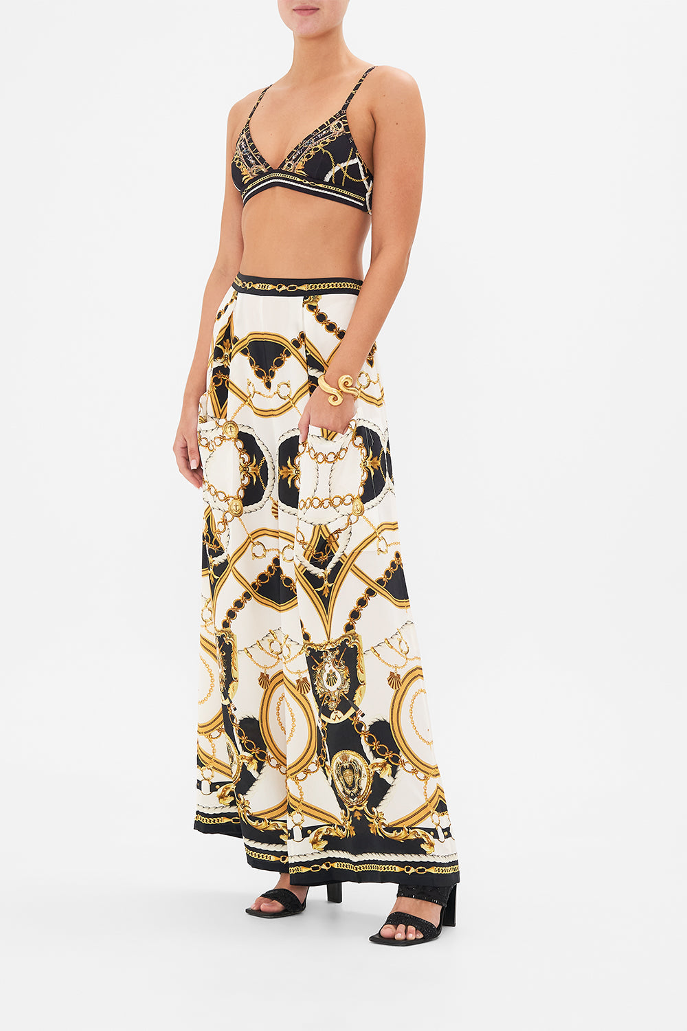 Side view of model wearing CAMILLA lingerie bra in Coast to Coast print 