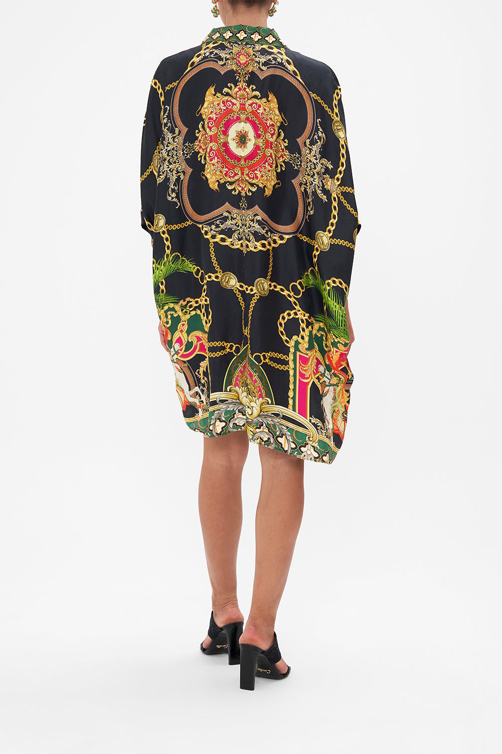 Back view of model wearing CAMILLA silk kaftan in Jealousy And Jewels  print