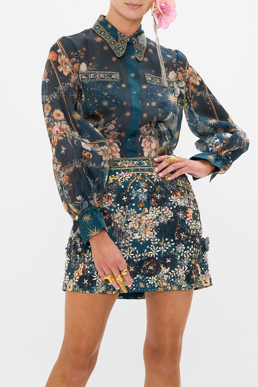 CAMILLA silk blouse in She Who Wears The Crown print