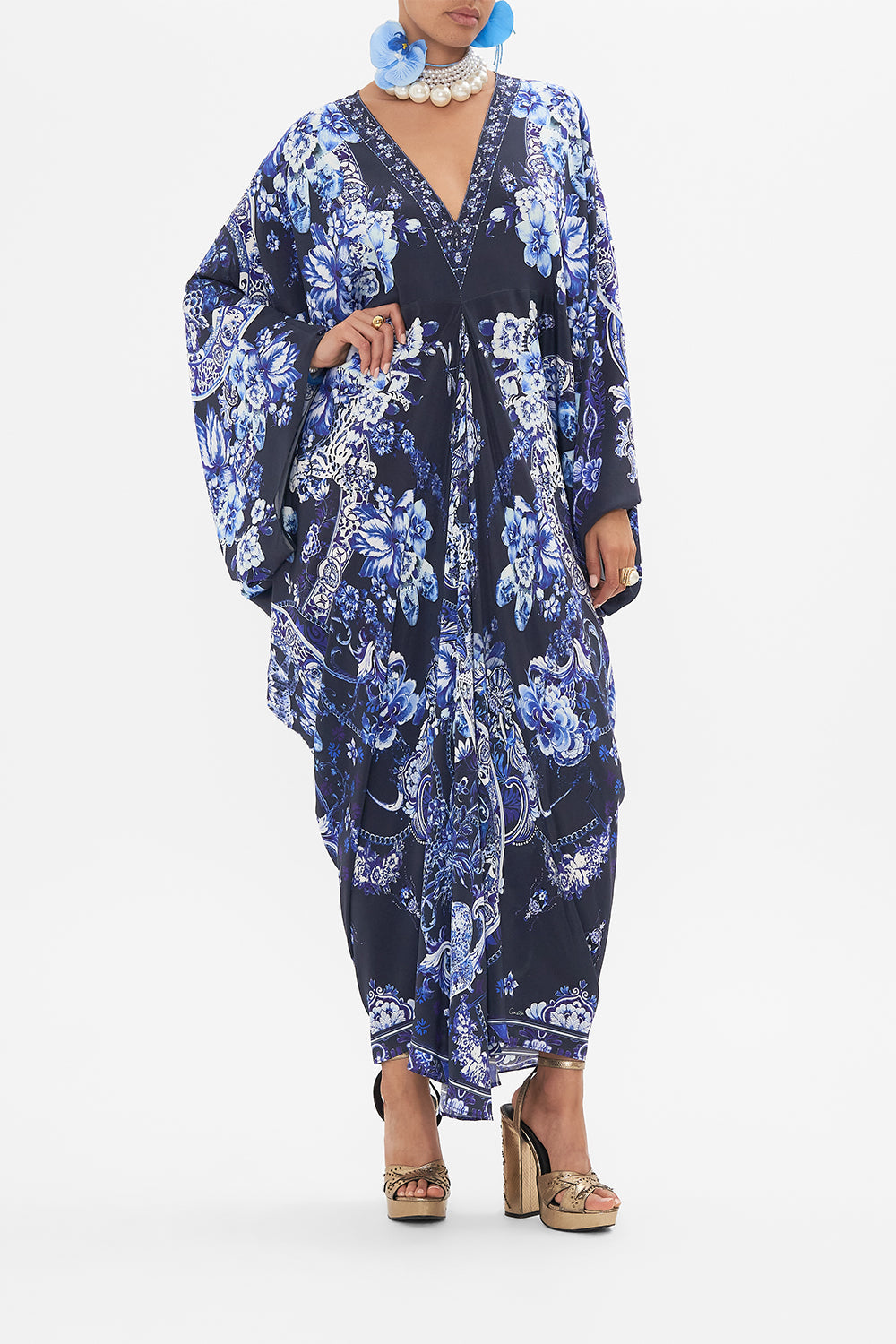 Front view of model wearing CAMILLA silk kaftan in Delft Dynasty print