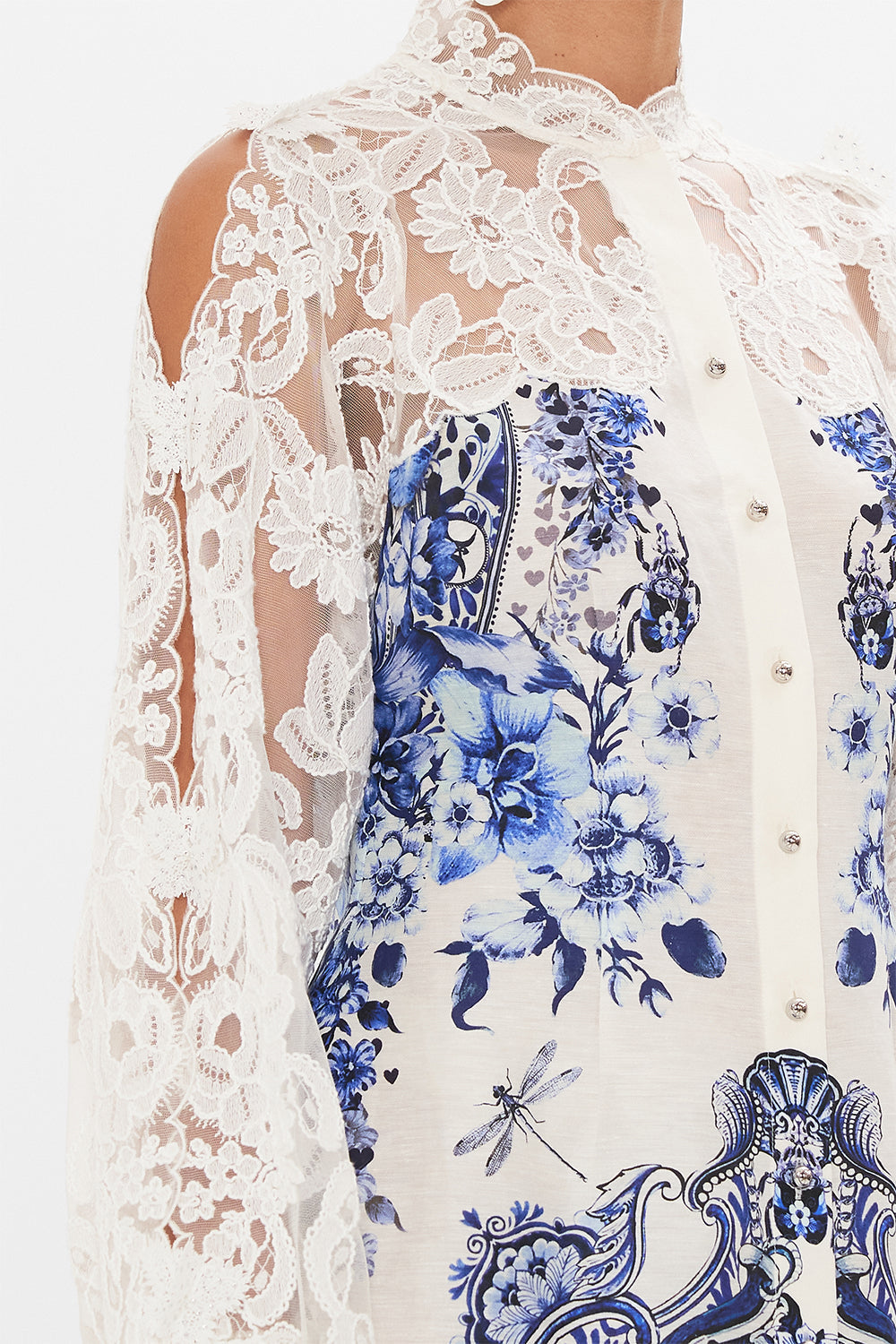 Detail view of model wearing CAMILLA mini dress in Glaze and Graze print