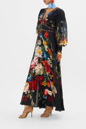 CAMILLA black floral print silk dress in A Still Life print