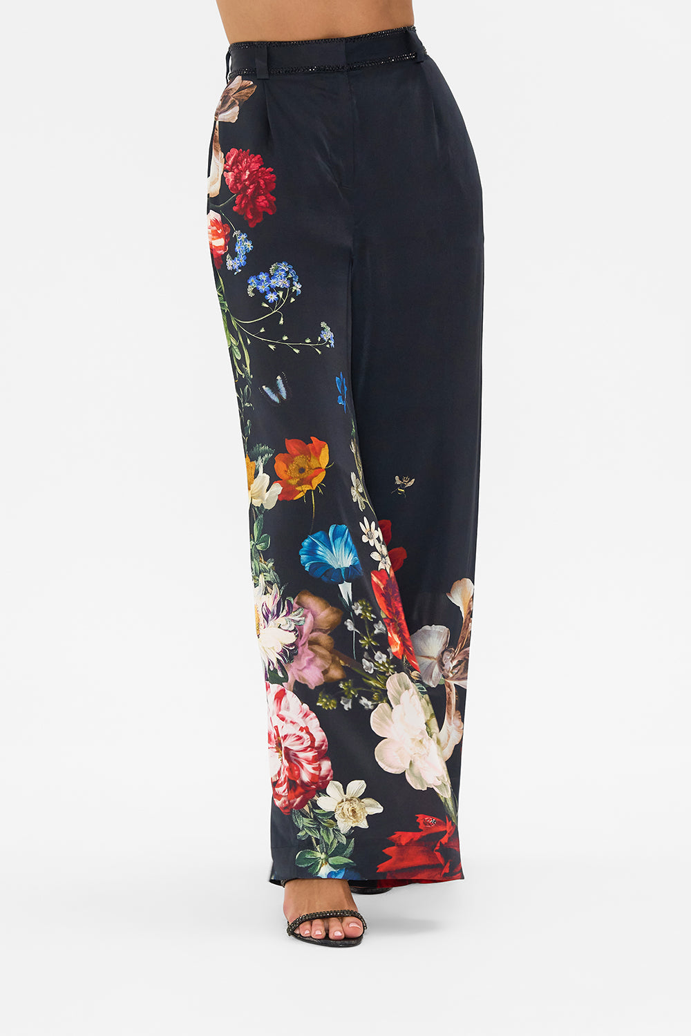CAMILLA black floral print silk pants in A Still Life print