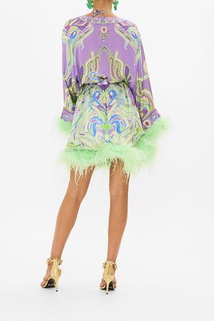 CAMILLA wrap dress with feathers in Amsterdam Jewel print
