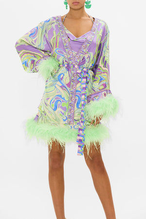 CAMILLA wrap dress with feathers in Amsterdam Jewel print