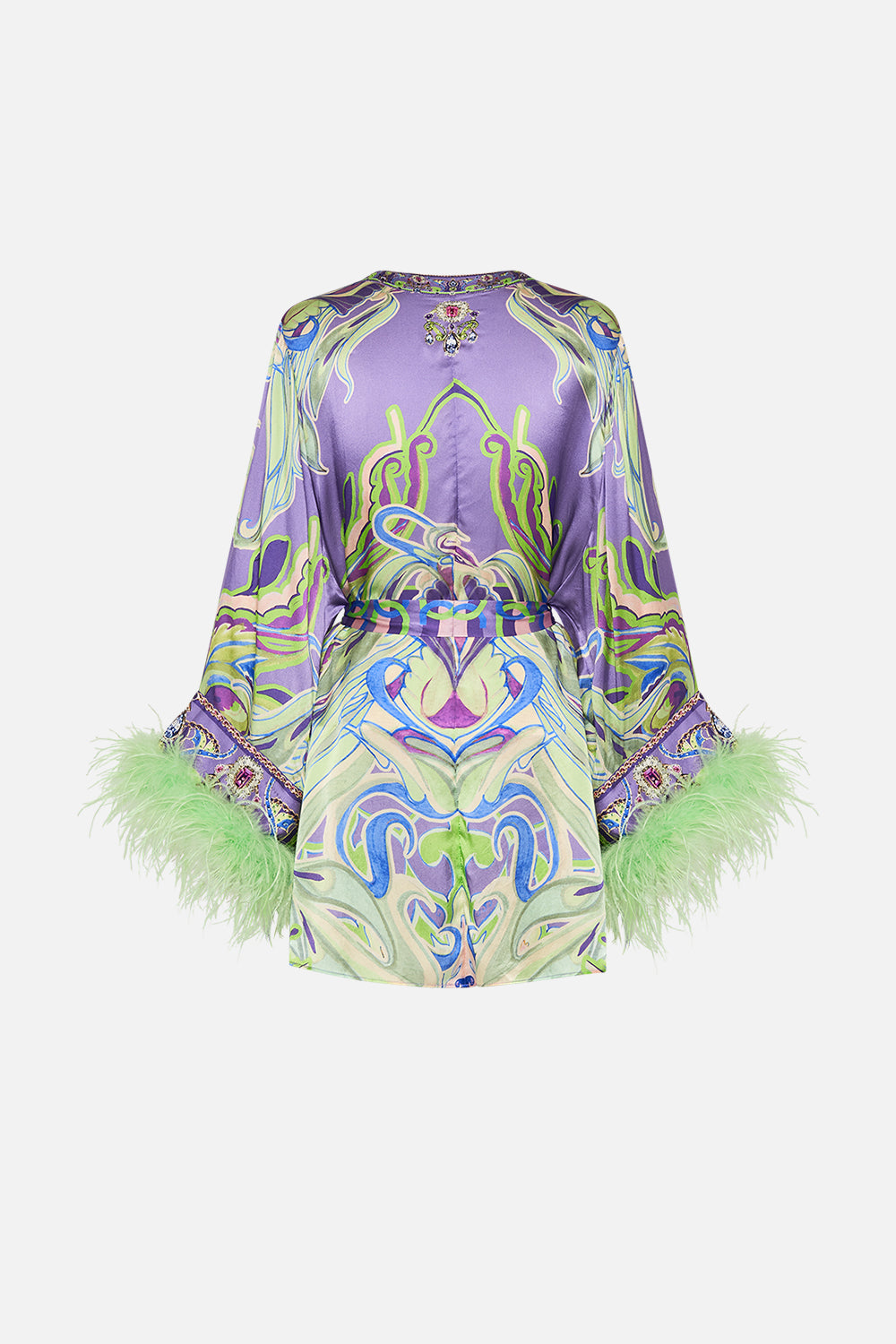 CAMILLA wrap dress with feathers in Amsterdam Jewel print