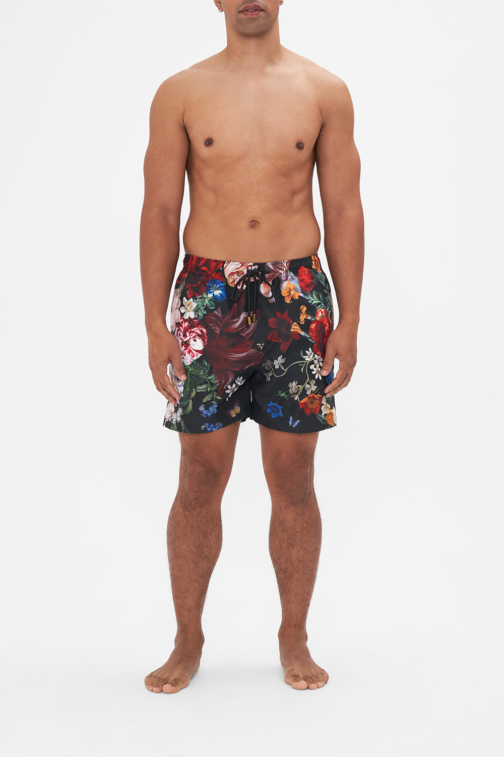 Hotel Franks by CAMILLA mens black floral print boardshorts in A Still Life print 