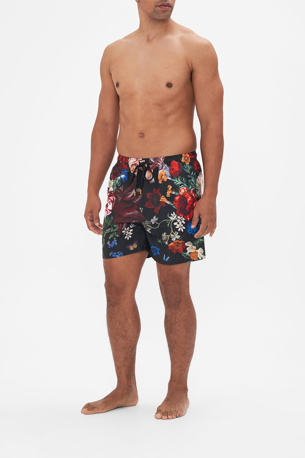 Hotel Franks by CAMILLA mens black floral print boardshorts in A Still Life print 