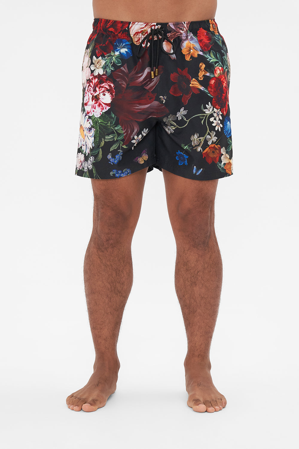 Hotel Franks by CAMILLA mens black floral print boardshorts in A Still Life print 