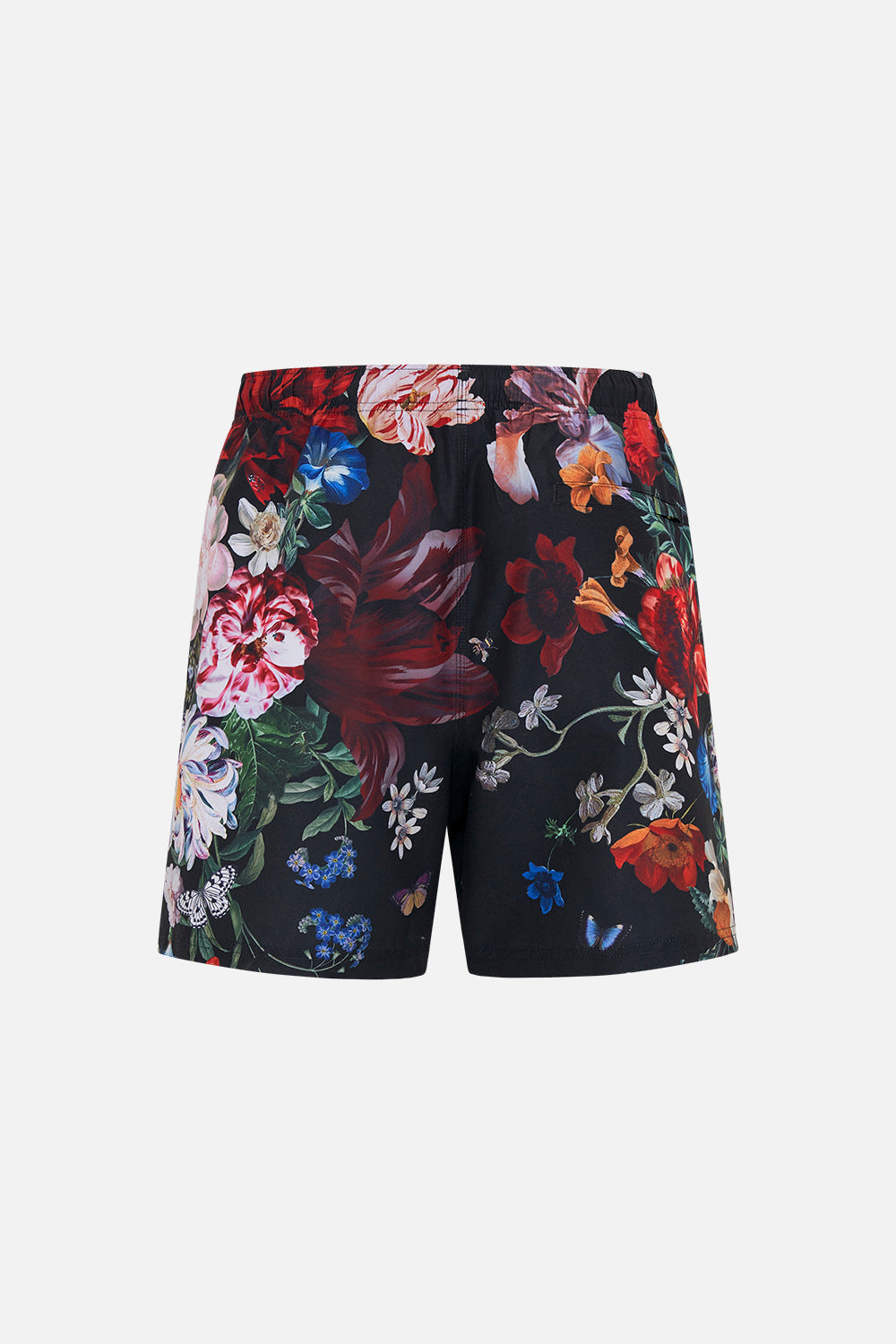 Hotel Franks by CAMILLA mens black floral print boardshorts in A Still Life print 