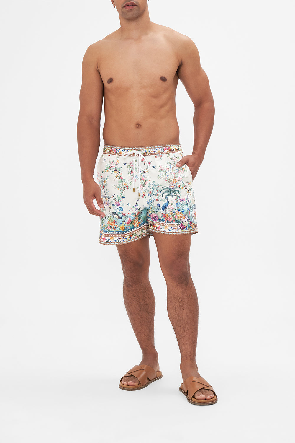 Hotel Franks By CAMILLA mens white floral print boardshorts in Plumes And Parterres print