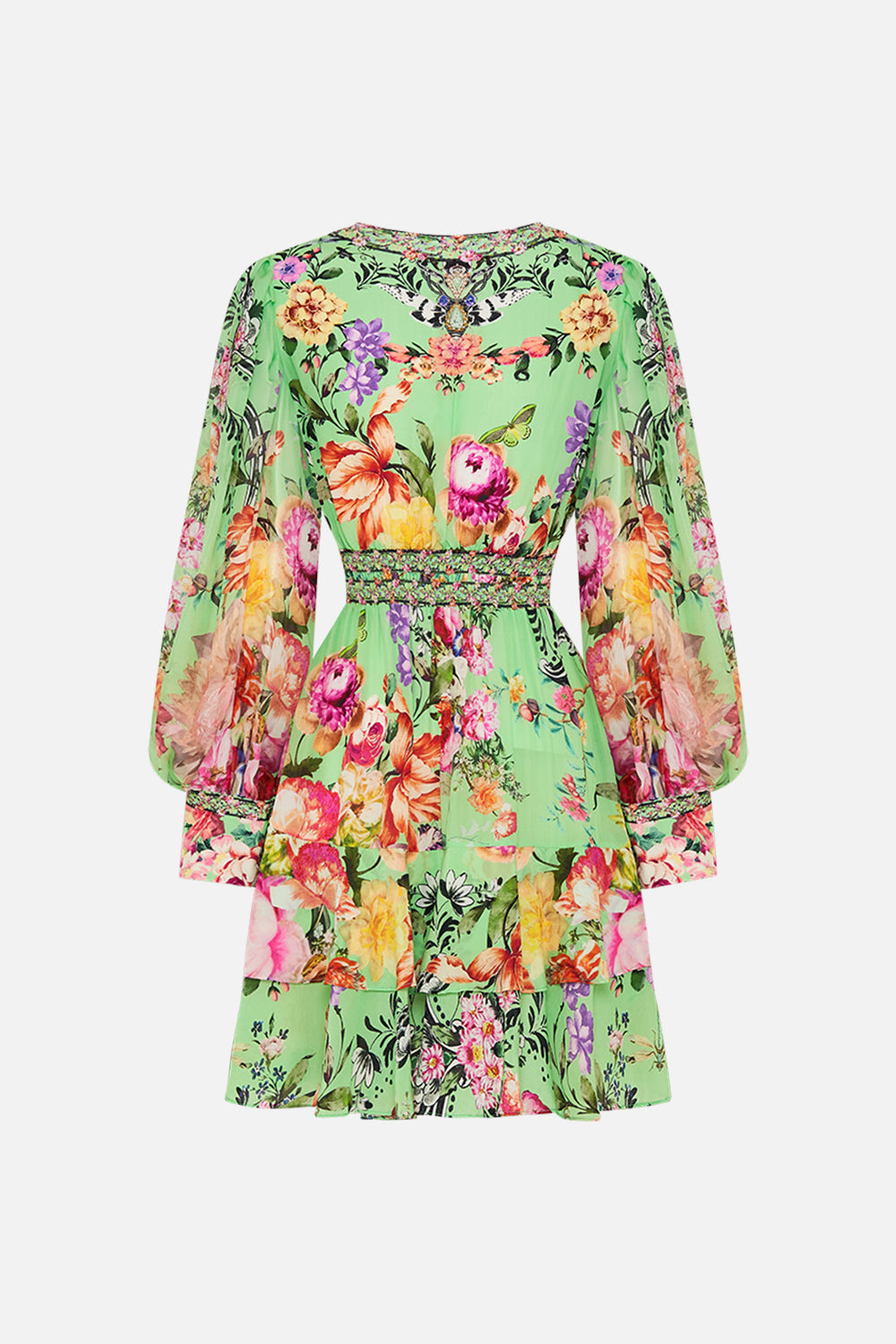 Back view CAMILLA silk dress in Porcelain Dream print