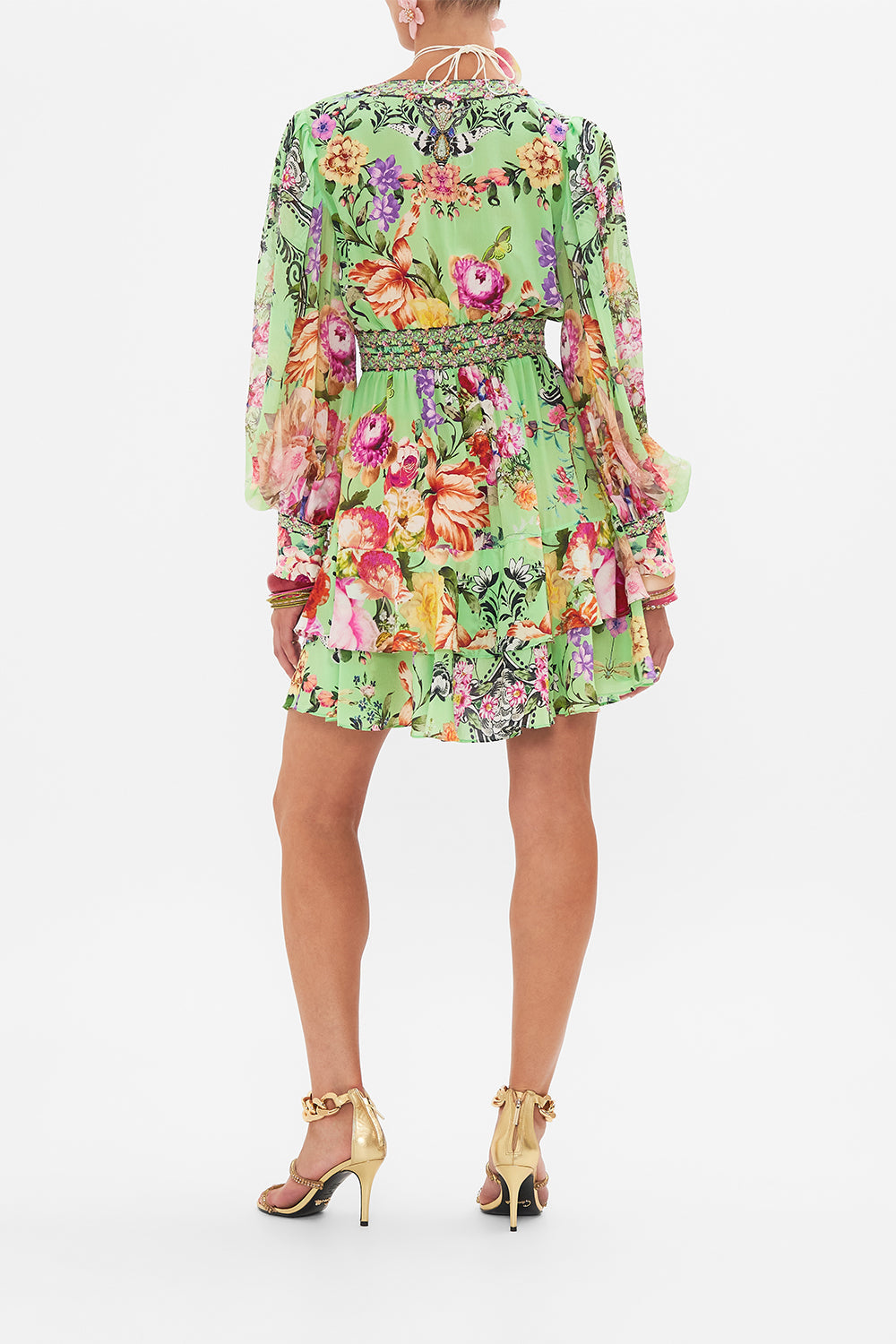 Back view of model wearing CAMILLA silk dress in Porcelain Dream print