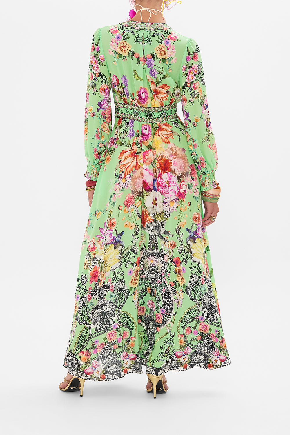 Back view of model wearing CAMILLA sillk dress in Porcelain Dream print 