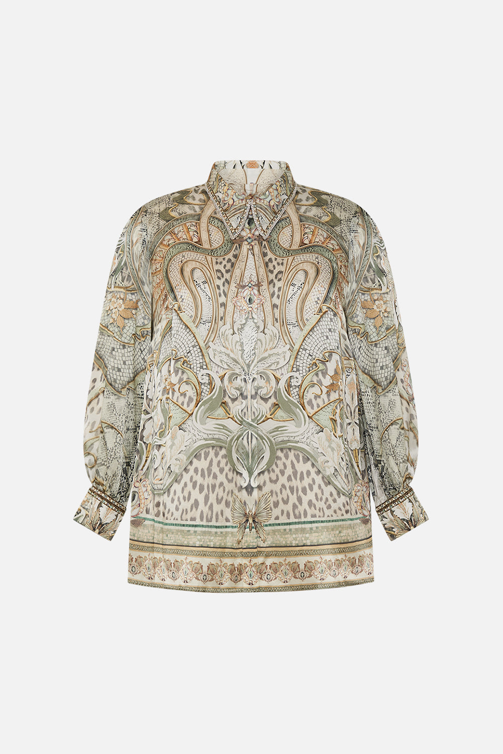 CAMILLA silk blouse in Ivory Tower tales print