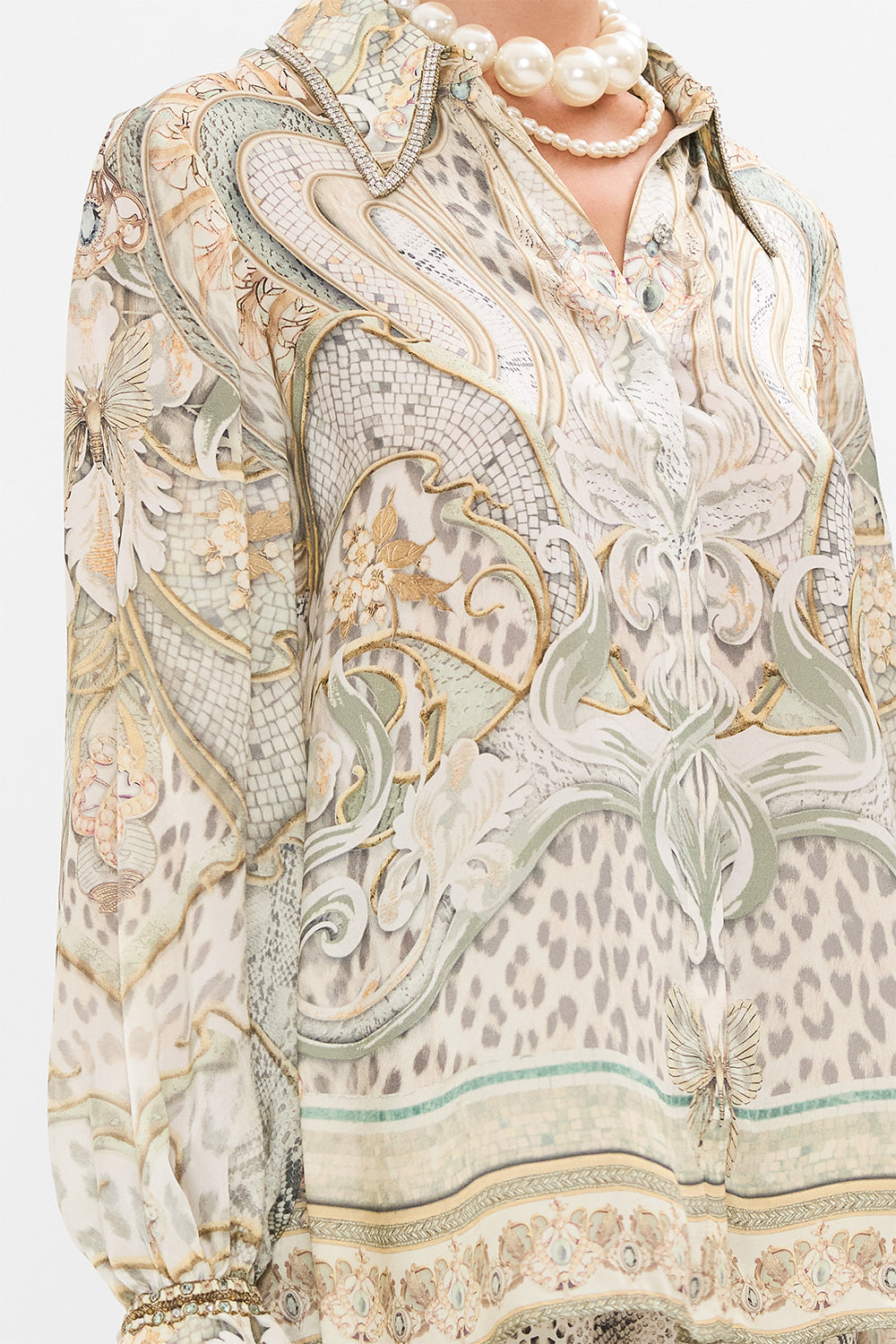 CAMILLA silk blouse in Ivory Tower tales print