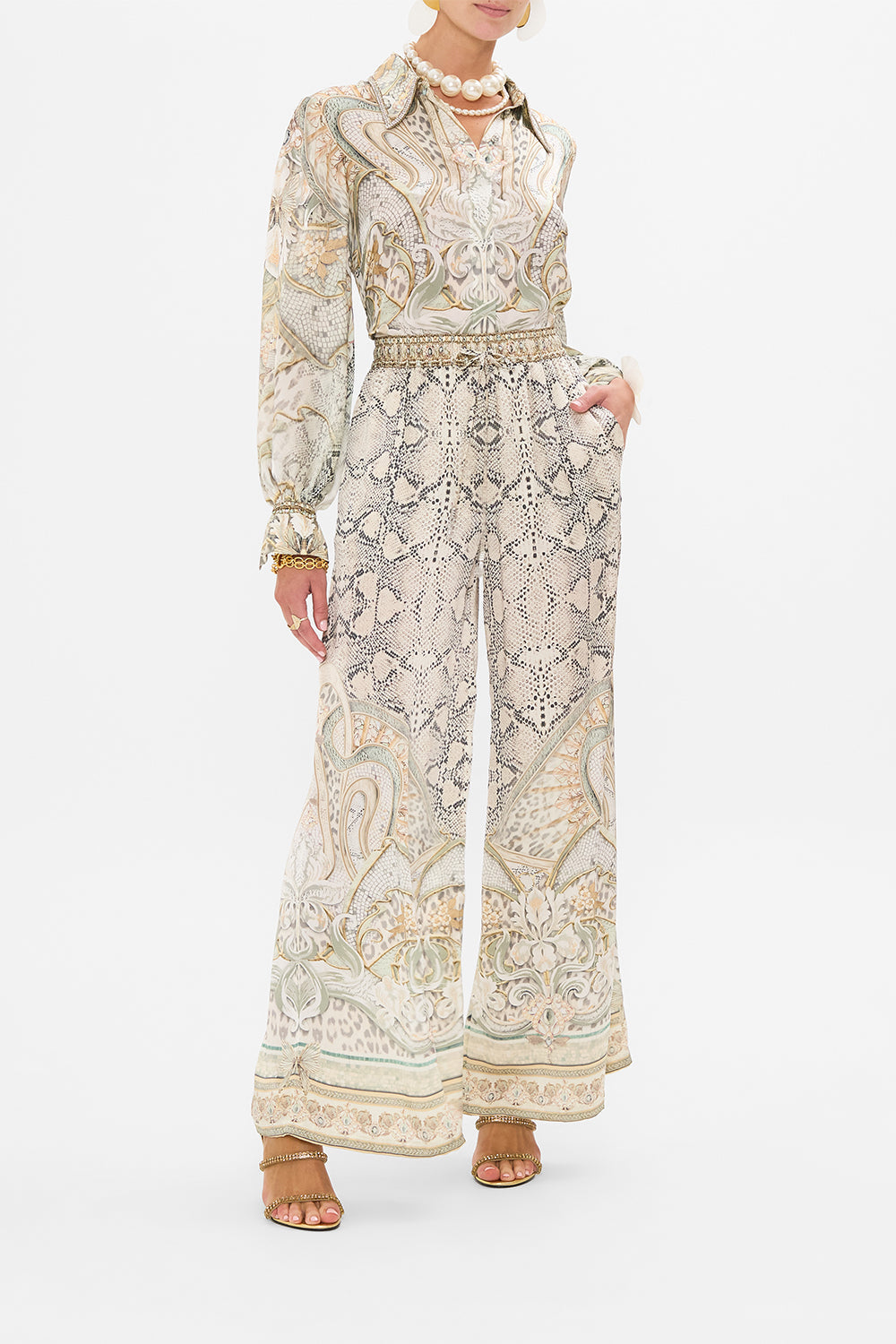 CAMILLA silk blouse in Ivory Tower tales print