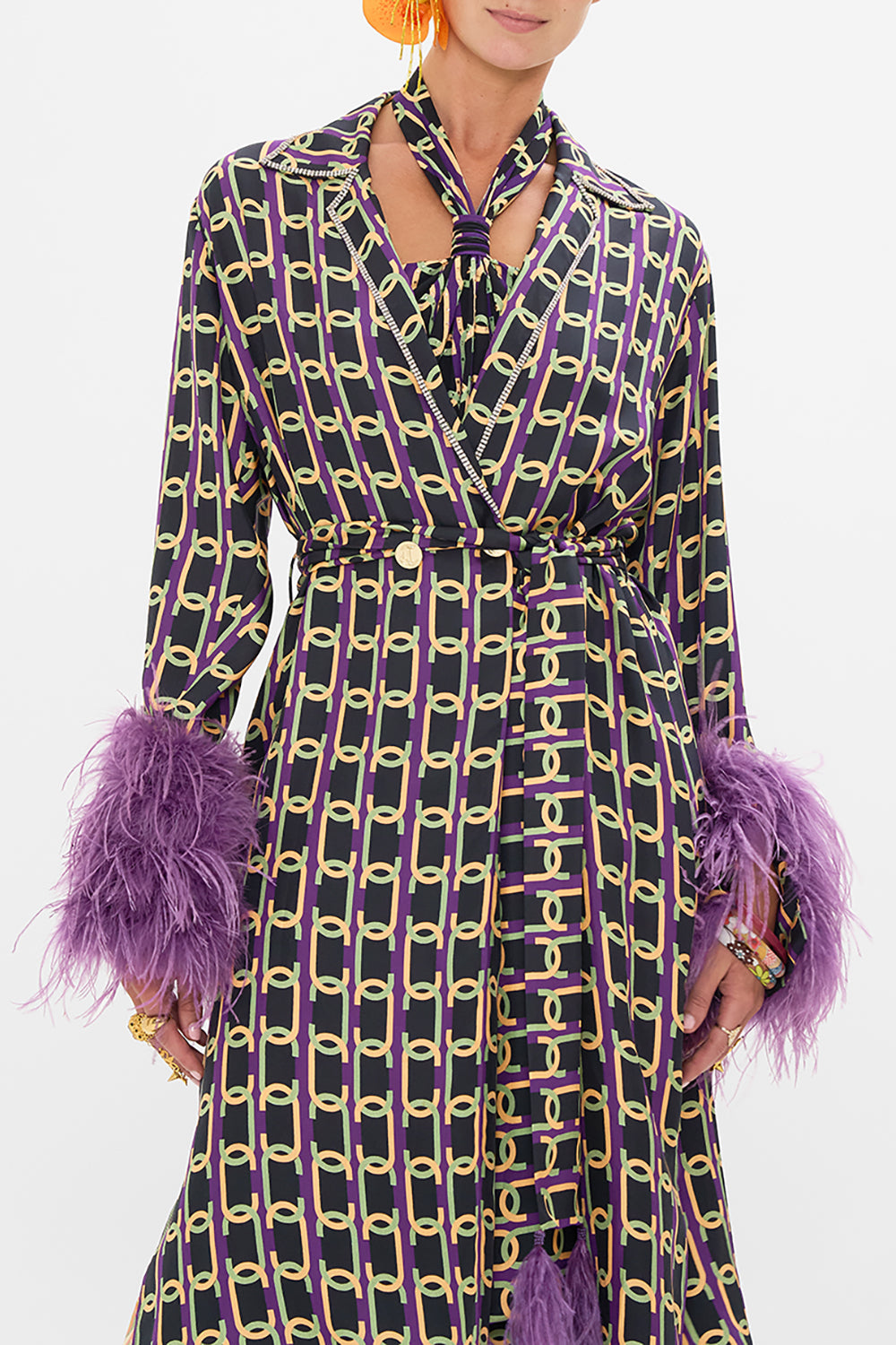 The CAMILLA CURVED WAISTBAND SHORT DRESS NOUVEAU NOIR in our  print.