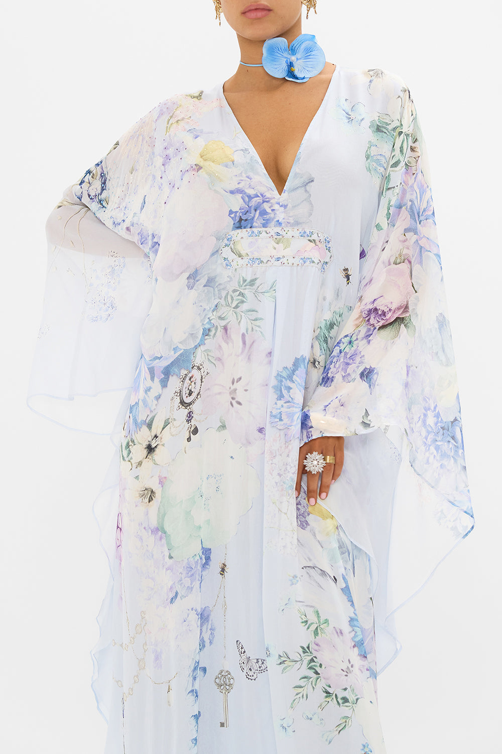 CAMILLA blue silk kaftan in Butterfloria print