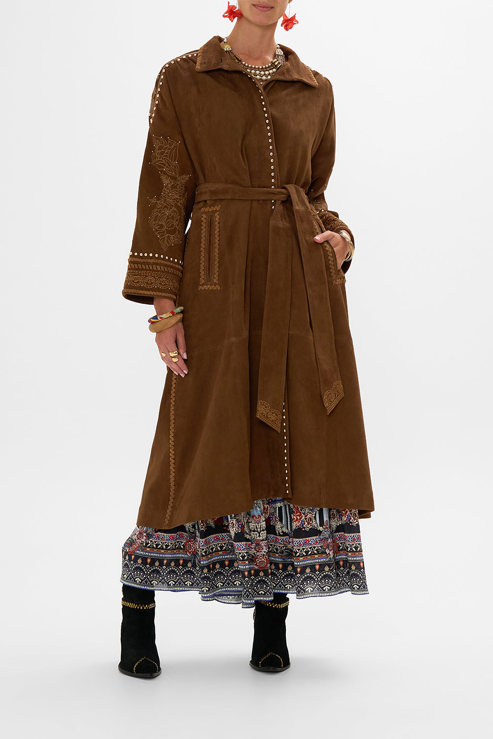 CAMILLA embroidered suede coat in Volendam Dolls print