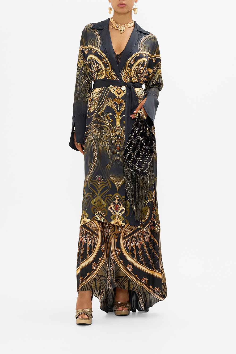 CAMILLA split cuff coat in Nouveau Noir print