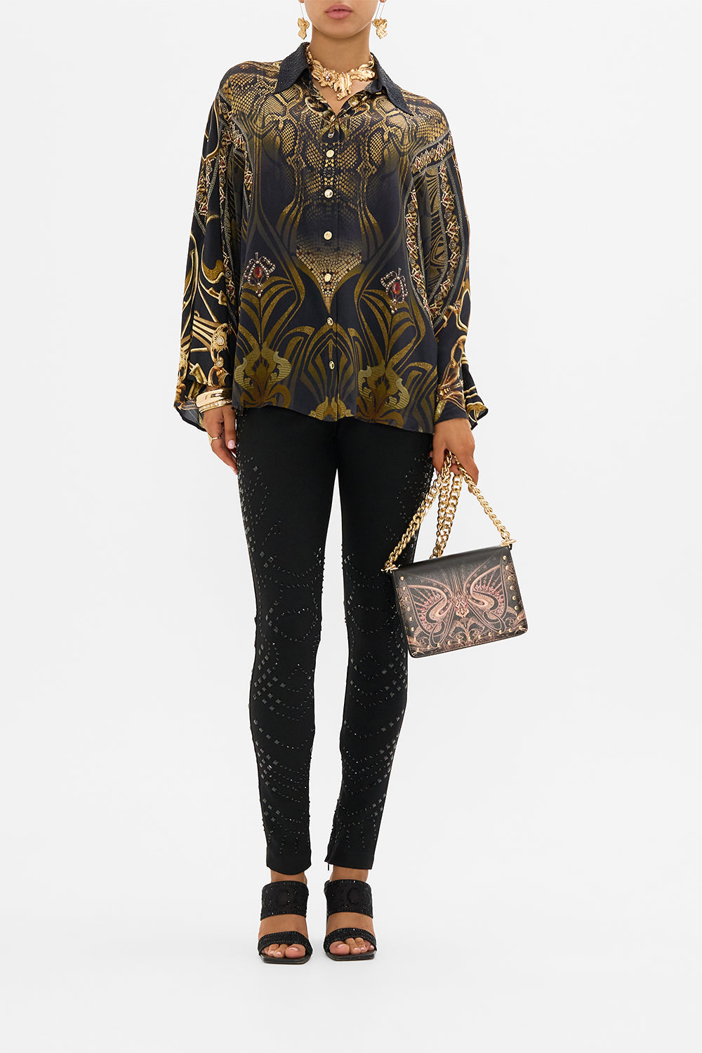 CAMILLA silk blouse in Nouveau Noir print