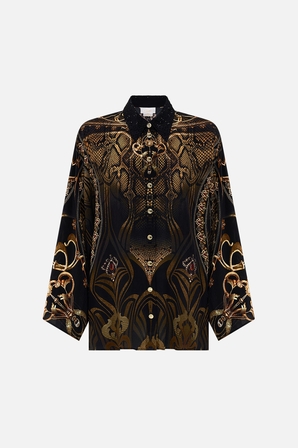 CAMILLA silk blouse in Nouveau Noir print
