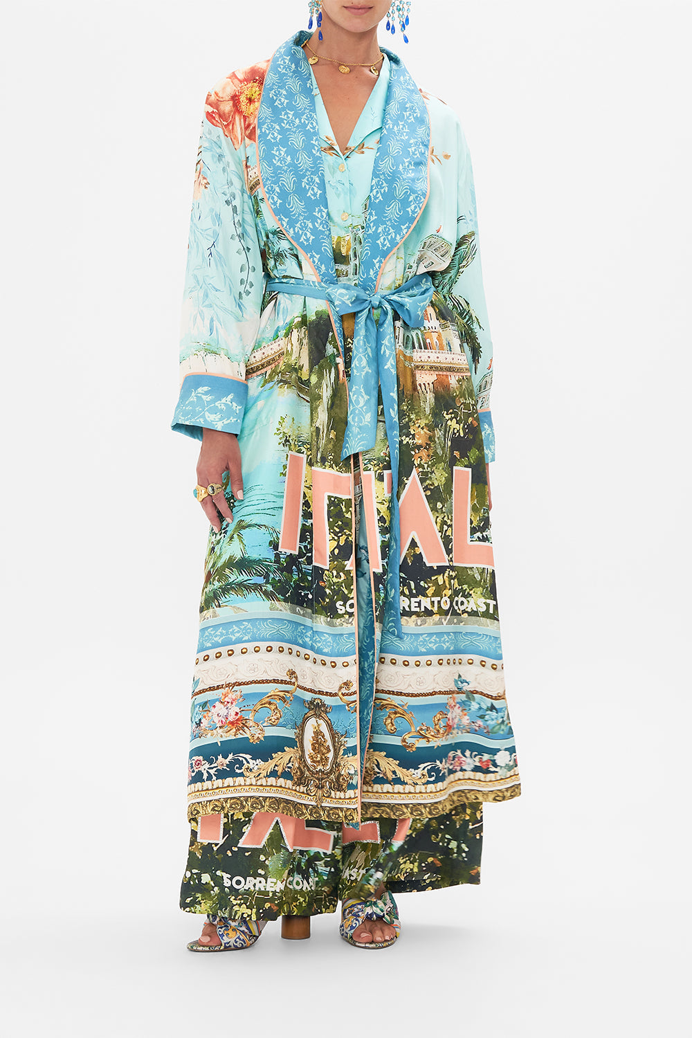 Front view of model wearing CAMILLA long silk robe in From Sorrento With Love print 