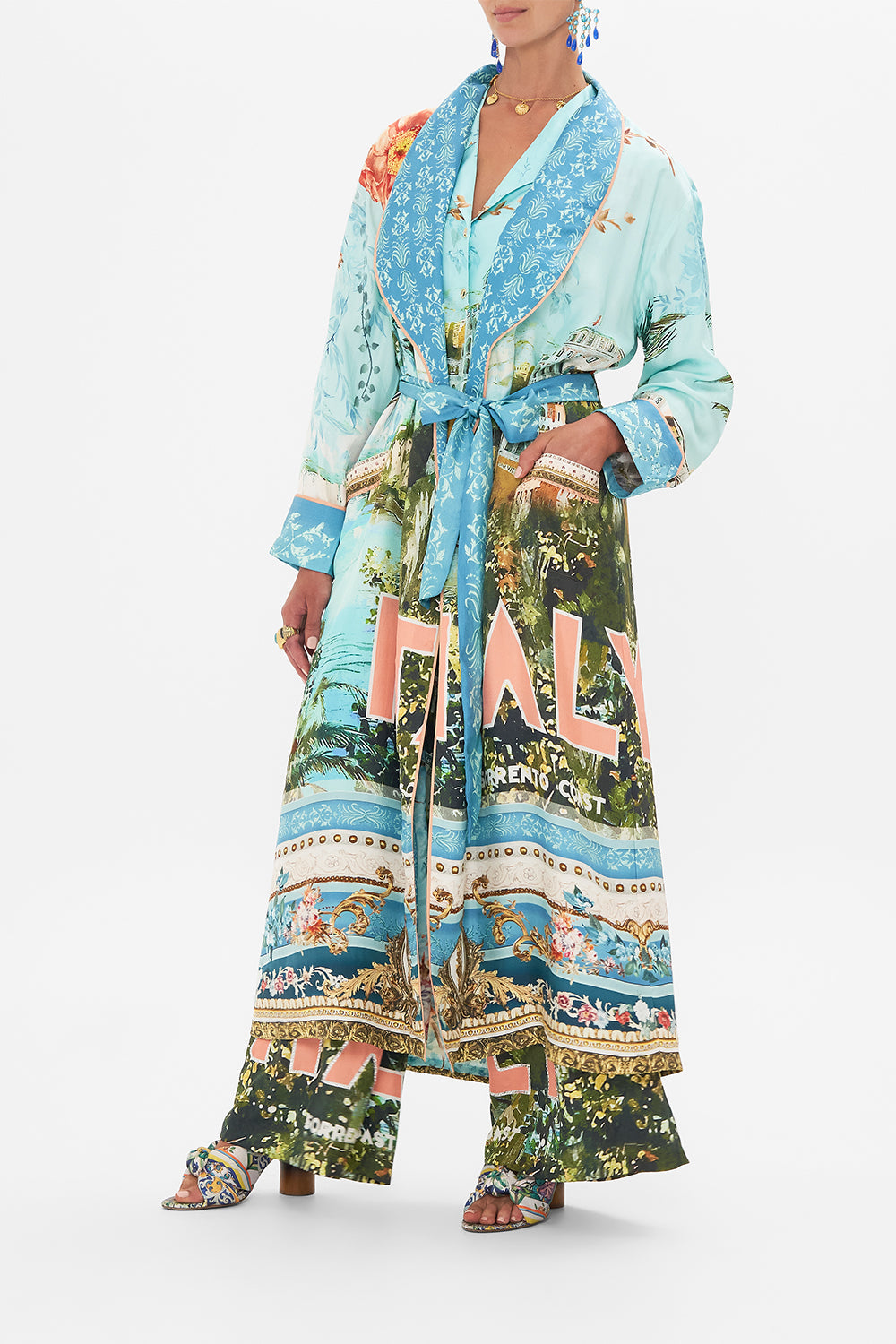 Side view of model wearing CAMILLA long silk robe in From Sorrento With Love print 