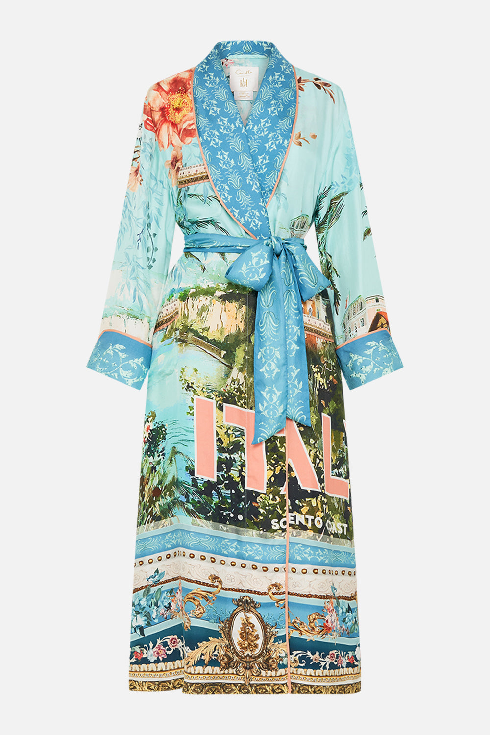 Product view of CAMILLA long silk robe in From Sorrento With Love print 