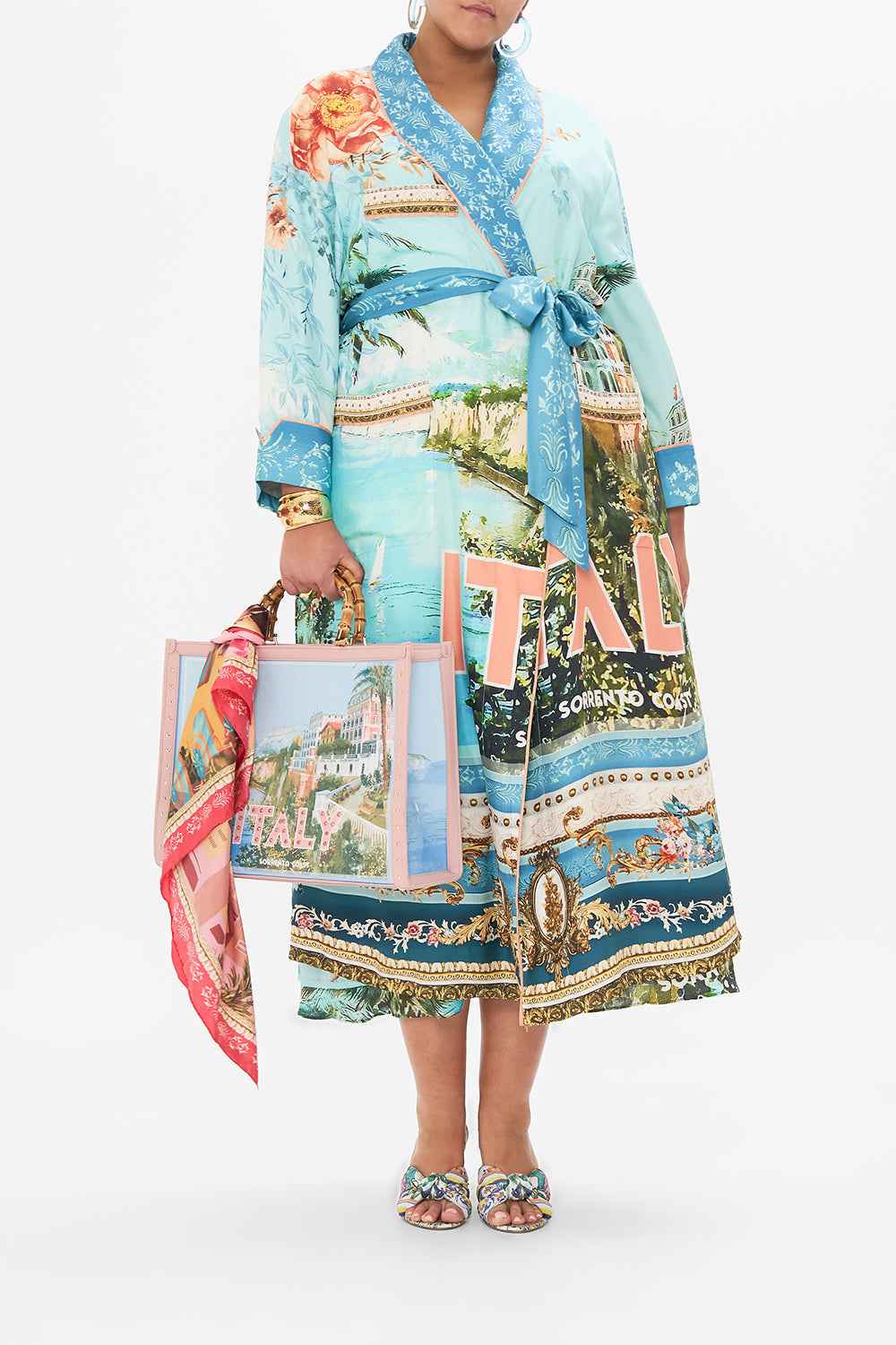 Front view of curvy model wearing CAMILLA plus size silk robe in From Sorrento With Love  print