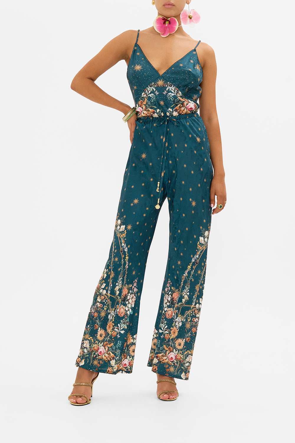 CAMILLA silk bias cut pants in She Who Wears A Crown print