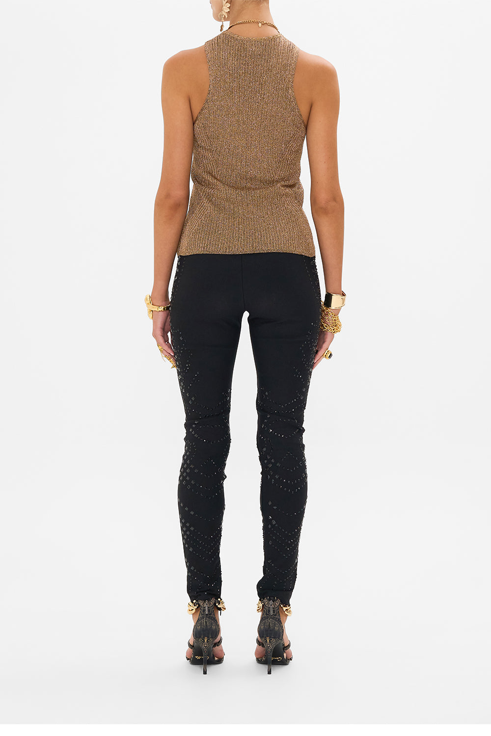 CAMILLA crew neck knit top in Nouveau Noir print