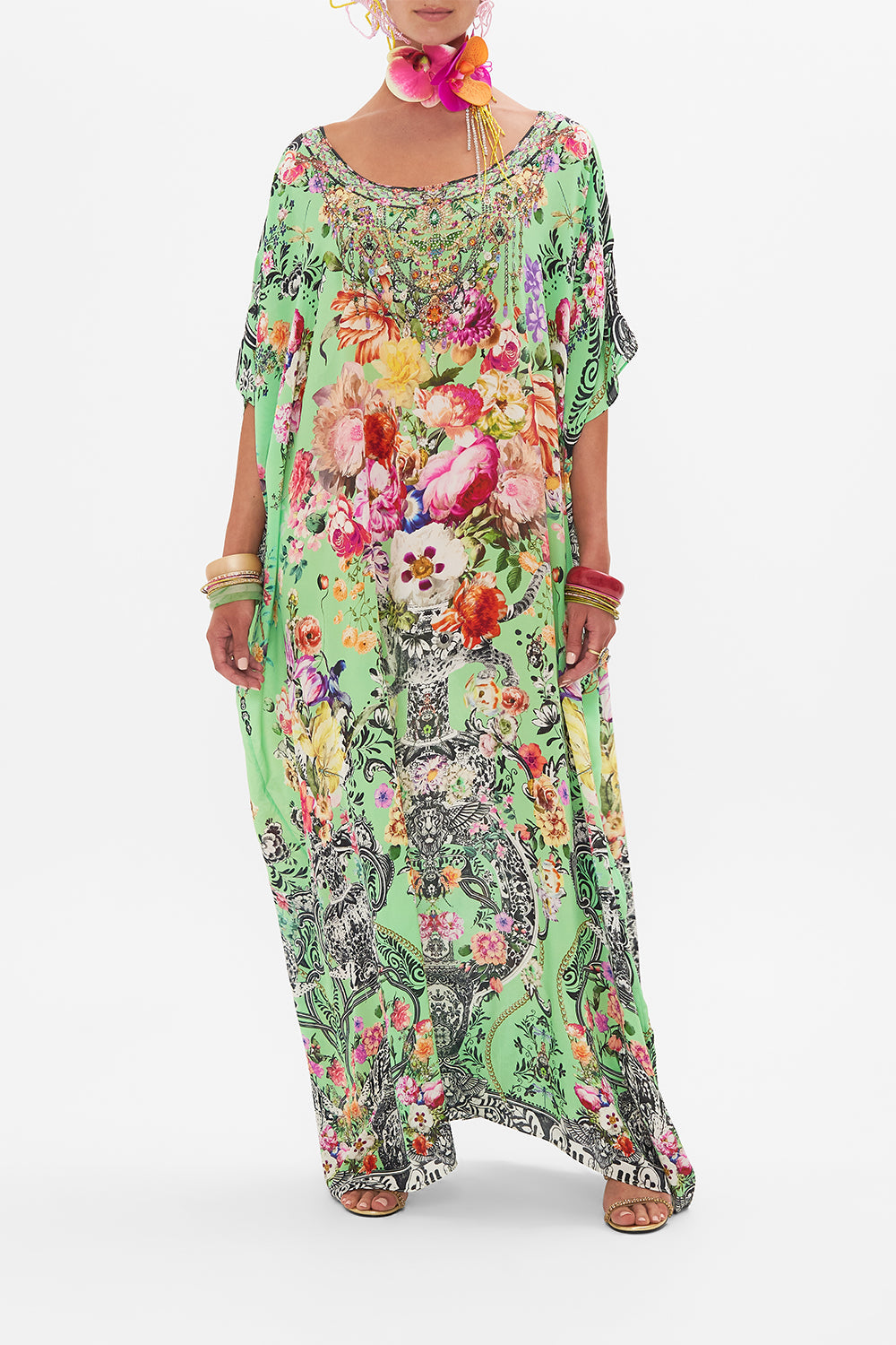 Front view of model wearing CAMILLA silk kaftan in Porcelain Dream print