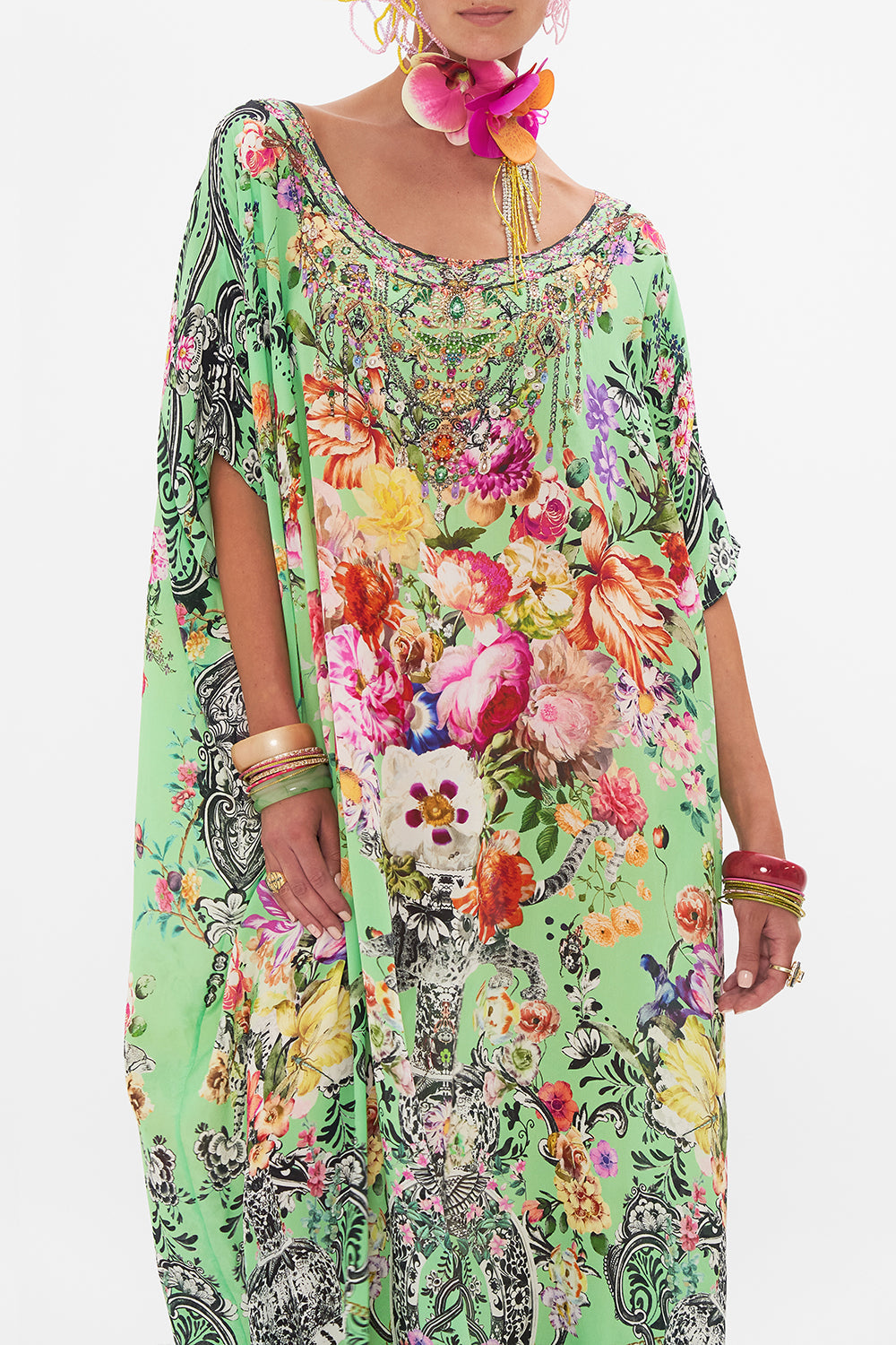 Crop view of model wearing CAMILLA silk kaftan in Porcelain Dream print